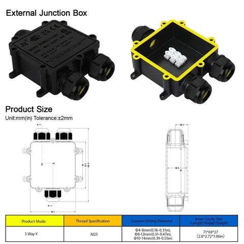 IP68 Outdoor Junction Box For Trailers And Outdoor Electrical Installations, 3 Way Enclosure With M25 Cable Glands