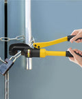 Hands using 8 Ton Hydraulic Rebar Cutter Pliers For Large Steel Bolt Cutting on a chain link.