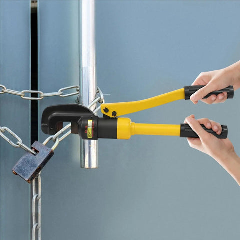 Hands using 8 Ton Hydraulic Rebar Cutter Pliers For Large Steel Bolt Cutting on a chain link.