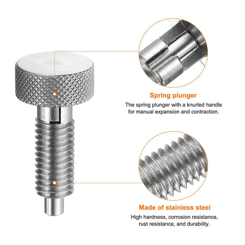 Heavy Duty Spring Plunger Pins In A Two Piece Kit With Knurled Grips And M10x1.5 Threads close-up showing stainless steel and knurled grip.