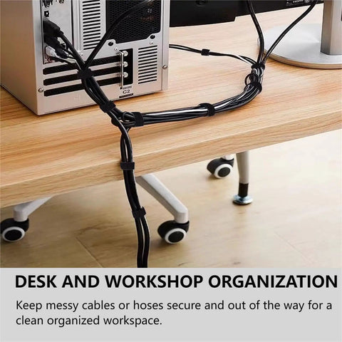 54 Yards Of One Half Inch Reusable Cable Ties For Easy No Fuss Cable Management organizing cords behind a computer desk