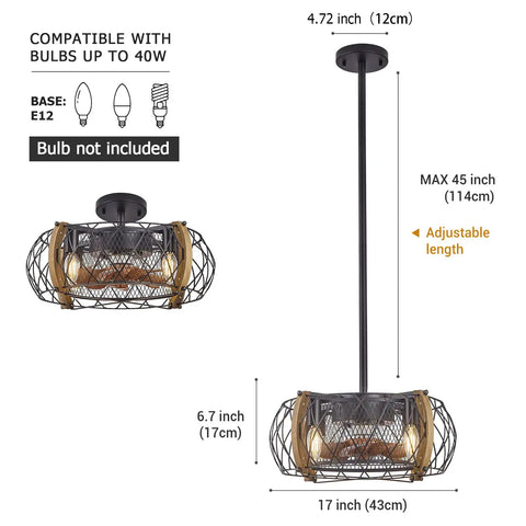Dimensions and features of Farmhouse Caged Ceiling Fan With Light, 17 Inch Bladeless Ceiling Fan With Remote, 6 Speeds, 2 Hour Timer.
