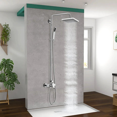 Dope Polished Chrome Exposed Shower System With 8 Inch Square Rainfall Shower Head And Hand Sprayer Wall Mounted Solid Brass