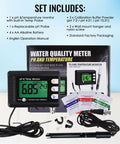 2 In 1 pH And Temperature Monitor Kit with BNC Probe, auto buffer recognition, shown with accessories for hydroponics, aquariums.