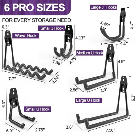 Heavy Duty Garage Hooks 16 Pack Wall Mount Storage Hangers For Power Tools Garden Tools Lawn Equipment Ladders Hose And Utility Organizer Built With Reinforced Steel Construction To Withstand Heavy Use, multiple hook sizes