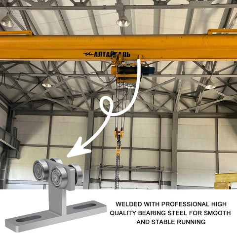 Upgraded 304 Stainless Steel Electric Hoist Trolley Roller For 1-5/8 Inch Wide Unistrut Channel shown in industrial setting