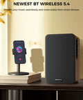 Beefy Bass Bookshelf Speakers 36W RMS BT Five Four Wireless Studio Monitors beside a smartphone, showcasing Bluetooth 5.4.