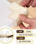 Four Pack Top Tier Baby Proofing Corner Guards With Soft Nbr Rubber Foam And No Sweat Self Stick Backing For Heavy Duty Furniture Edge Safety In Cool Off White, being applied to a table corner.