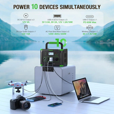 500W Portable Power Station With 519.48Wh Solar Generator Battery For On The Go Power, charging multiple devices outdoors