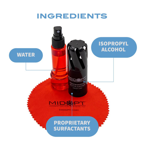 MidOpt optics cleaning solution with microfiber cloth, 2 oz; red microfiber cloth and two spray bottles.