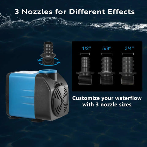 High Flow Submersible Pond Pump 480 GPH 8.2 Ft Lift with three nozzle sizes for adjustable water flow