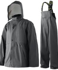 Mens Heavy Duty Waterproof Rain Suit Three Piece Set Featuring Pu Coated Jacket And Relaxed Fit Pants hanging with hooded jacket and bib pants.