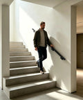Heavy Duty Flush Wall Mount Stair Railing In Corrosion Resistant Stainless Steel With Matte Black Finish Six Foot Length providing support on indoor stairs.