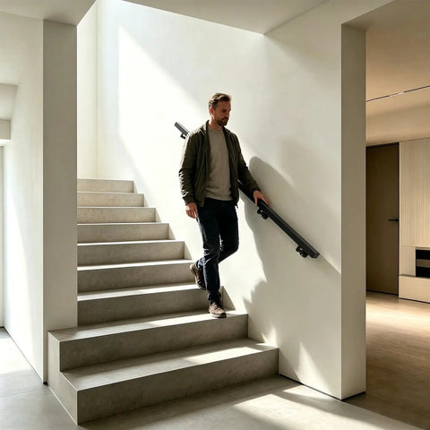 Heavy Duty Stainless Steel Flush Wall Mount Stair Railing supports up to 200 pounds as a man uses it on stairs.