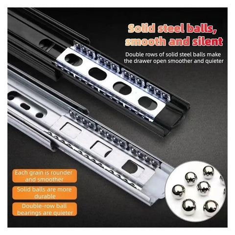 Professional Heavy Duty Bottom Mounted Drawer Slides Crafted From Cold Rolled Steel Featuring A Completely Concealed Design For Rock Solid Cabinet Storage And Ultra Smooth Operation with solid steel balls.
