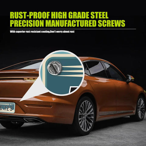 Solid Grip Eight Piece License Plate Screw Kit Forged From Military Grade Stainless Steel Hex Bolts on a car rear showing rust-resistant screws.
