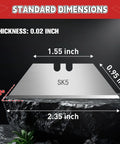 Dimensions of Beefy Heavy Duty Utility Knife Blades, SK5 Steel, 100 Pack, 0.02 inch thickness, with precise angle and length indications.