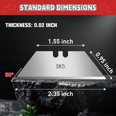 Dimensions of Beefy Heavy Duty Utility Knife Blades, SK5 Steel, 100 Pack, 0.02 inch thickness, with precise angle and length indications.