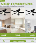 No Sweat When You Run This Ace 42 Inch Low Profile Flush Mount Ceiling Fan With Smart Lighting Remote Control and Six Speeds showing different color temperatures in indoor settings.