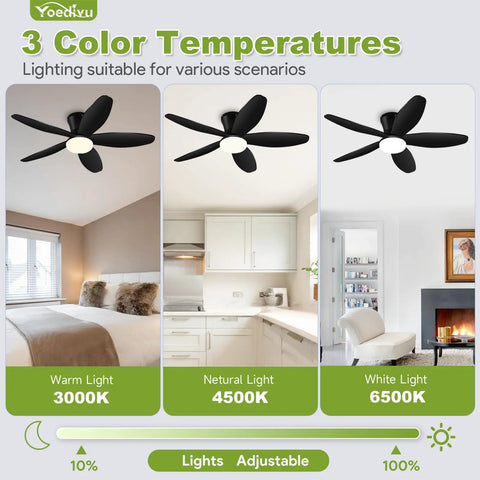 No Sweat When You Run This Ace 42 Inch Low Profile Flush Mount Ceiling Fan With Smart Lighting Remote Control and Six Speeds showing different color temperatures in indoor settings.