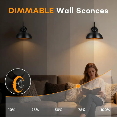 Industrial Black Wall Sconce With Dimmable Gooseneck Lighting And On Off Dimmer Switch illuminating a living room setting.