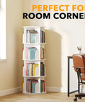 Four Tier Rotating Bookshelf Tower With Spinning Lazy Susan 360 Degree Revolving Book Storage Carousel White Space Saving Corner Organizer in home office setting.