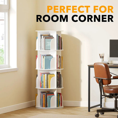 Four Tier Rotating Bookshelf Tower With Spinning Lazy Susan 360 Degree Revolving Book Storage Carousel White Space Saving Corner Organizer in home office setting.