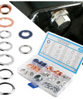 90 Piece Oil Drain Plug Gasket Kit With Crush Washers For M11 M12 M14 M16 M18 M20 Sizes in clear box with fitting chart