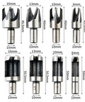 Legit Top Tier Wood Plug Cutter Drill Bit Set Eight Piece Collection showing titanium coated drill bits in four sizes for woodworking.