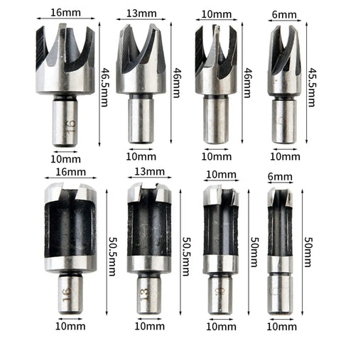 Legit Top Tier Wood Plug Cutter Drill Bit Set Eight Piece Collection showing titanium coated drill bits in four sizes for woodworking.