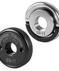 2 Pack 5/8-11 Angle Grinder Flange Nuts With Tool Free Quick Release Locking Kit shown in silver and black with D ring and knurled arbor nut