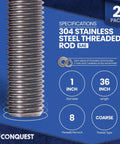 Beefy 304 Stainless Steel Threaded Rod 1 Inch Diameter 36 Inch Length 1 8 UNC Coarse Threads All Thread Rods 2 Pack With Nuts And Washers