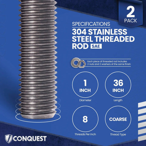 Beefy 304 Stainless Steel Threaded Rod 1 Inch Diameter 36 Inch Length 1 8 UNC Coarse Threads All Thread Rods 2 Pack With Nuts And Washers