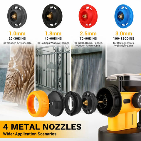 4 metal nozzles for Built Tough Cordless Paint Sprayer With 20V Battery And 800W Corded Brushless Spray Gun, sizes for various projects.