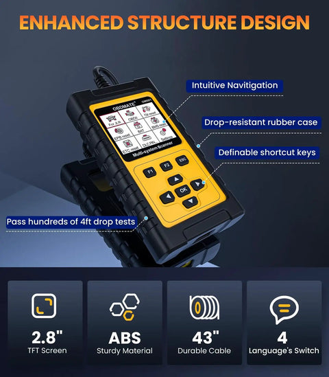 Jaguar Land Rover OBD2 Scanner OM501 with enhanced structure, intuitive navigation, drop-resistant rubber case, sturdy ABS material.