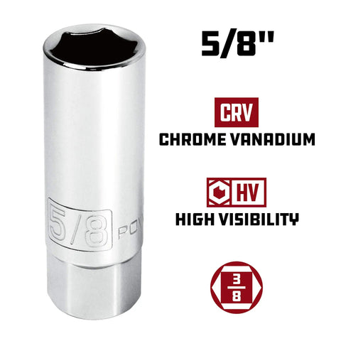 Three Eighth Inch Drive Spark Plug Socket Set Six Point Deep Thin Wall Five Piece Metric And SAE Chrome Vanadium Gray Finish For Broad Vehicle Coverage