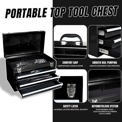 Portable top tool chest with open drawers, comfort grip handle, safety latch, and automatic lock system for secure tool storage.