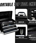 Rolling Garage Tool Organizer With Detachable Three Drawer Chest Large Storage Cabinet And Adjustable Shelf Black Heavy Duty Steel Built For Quick Portable Workshop Organization showing open top tool chest with comfort grip handle.
