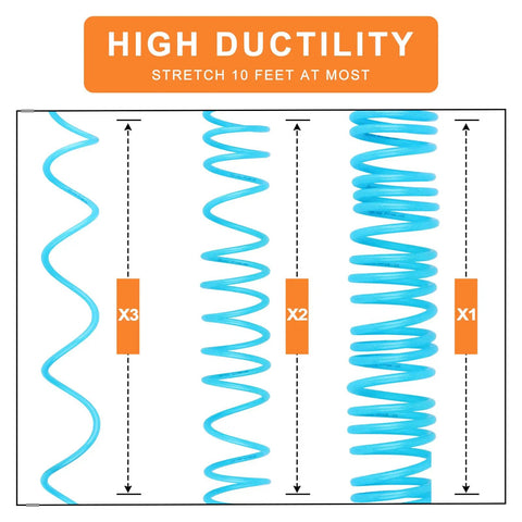 Diagram showing stretch capacity of reinforced polyurethane recoil air hose ten feet with bend restrictor and quick coupler.