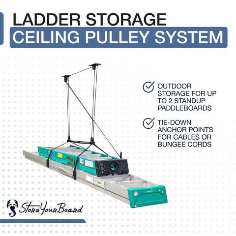 Ceiling Ladder Storage Pulley System For Garage Hoist, Heavy Duty Overhead Organizer Holds Ladders Up To 150 Lbs