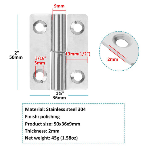 12 Pack H Shaped Lift Off Hinges For Cabinet Doors, 2 Inch By One And Three Eighths Inch, Stainless Steel 304, with measurements