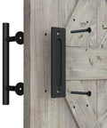 Two Piece Twelve Inch Pull And Flush Barn Door Handle Set In Black For Gates Garages Sheds And Furniture Rustic Two Sided Design With Finger Pull And Long Pull Handle Fits Door Panels From Three Quarters To One And Three Quarters Inch Thick on wooden door