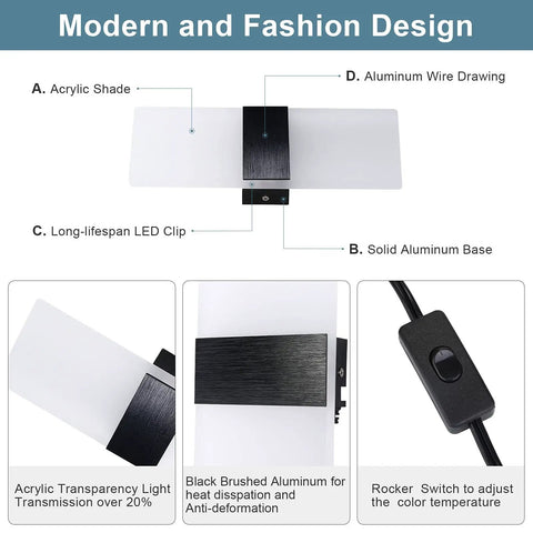 Plug In Wall Light Sconce With Adjustable Color Temperature, 12W Indoor Lamp, acrylic shade, aluminum frame, rocker switch