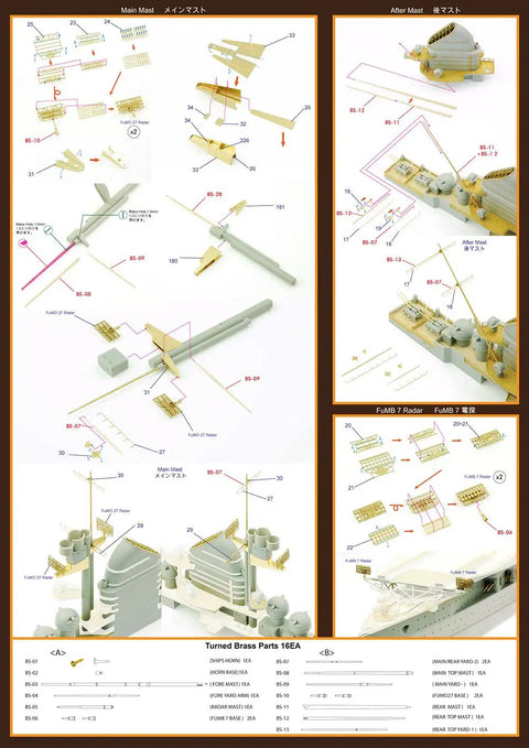 Instruction diagram for Zeppelin Brass Mast Drop In Upgrade Set For Trumpeter No 05627 with 16 turned brass parts and photo etch sheet.