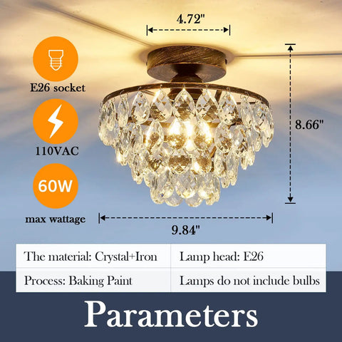 Crystal Chandelier Semi Flush Mount Ceiling Light in Oil Rubbed Bronze with E26 socket, 9.84 inch diameter, parameters shown