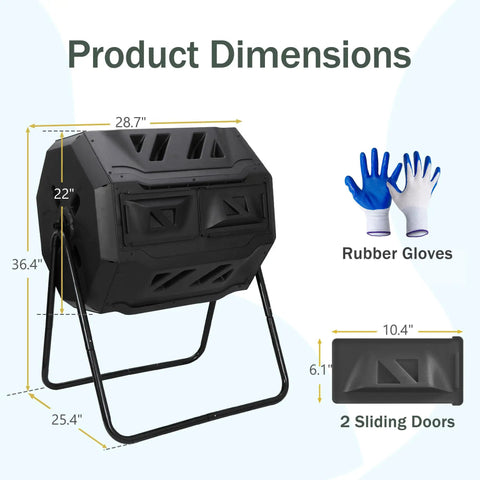 Large 43 Gallon Dual Chamber Compost Bin With Rotating Tumbler For Outdoor Use And Sliding Doors Heavy Duty Steel Frame BPA Free PP Construction Easy Kitchen Scraps Recycling For Backyard Gardens Bundle With Pearsons Gardening Gloves