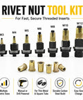 Heavy Duty Carbon Steel Manual Rivet Nut Tool Kit With Interchangeable Heads For Threaded Inserts Multi Size Set For Sheet Metal Tubing Brackets And Furniture Repairs DIY Friendly Pro Grade, M3-M12 heads