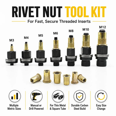 Heavy Duty Carbon Steel Manual Rivet Nut Tool Kit With Interchangeable Heads For Threaded Inserts Multi Size Set For Sheet Metal Tubing Brackets And Furniture Repairs DIY Friendly Pro Grade, M3-M12 heads