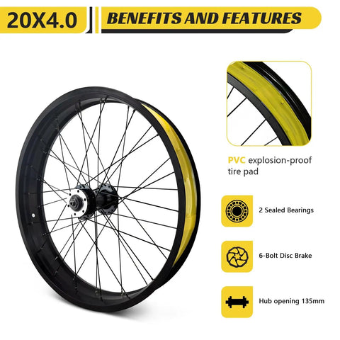 Fat Tire Front Wheel Set For Snow And Beach Biking Fits 20 Or 26 Inch 4 Inch Fat Tire Quick Release 9x135mm 36H Aluminum Alloy Disc Brake Rim