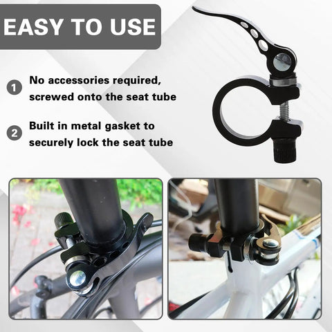 4 Pack M6x65 Quick Release Bike Seat Post Clamps for Mountain Bikes and Folding Bicycles, tool-free easy adjustment shown